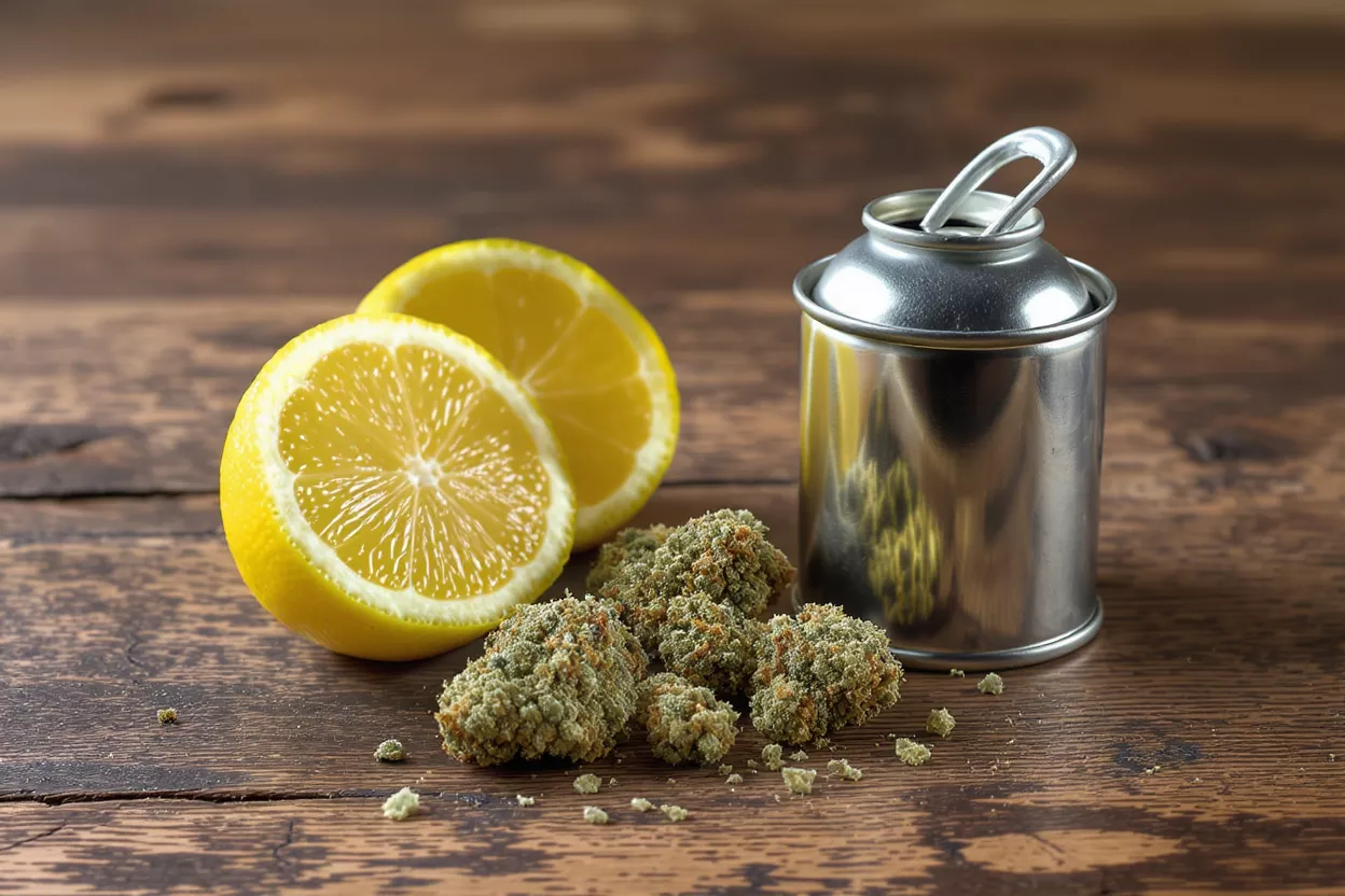 Cannabis buds, sliced lemons, and a silver tin on a wooden surface.