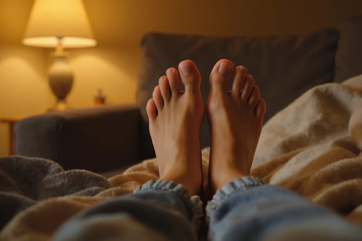 Pieds confortables se reposant sur un canapé Les pieds nus d'une personne reposant sur une couverture, avec une lampe en arrière-plan.