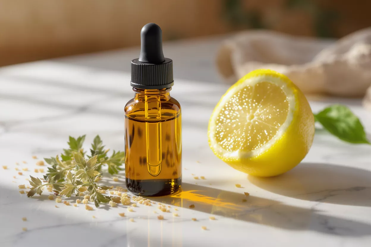 Amber dropper bottle of lemon essential oil next to a fresh lemon half.
