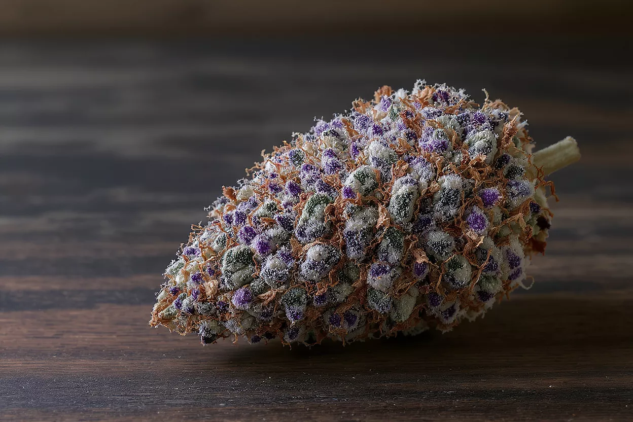 Close-up of a vibrant purple and green cannabis bud covered in trichomes.
