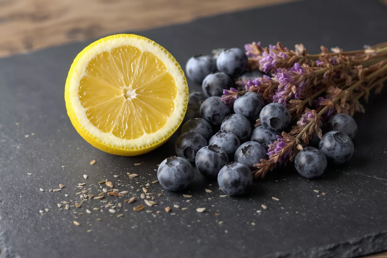 Half a lemon, blueberries, and lavender sprigs on a dark slate surface.