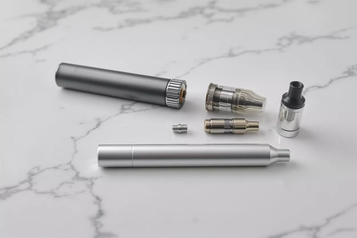 Divers composants d'un stylo vape démontés sur une surface en marbre blanc, incluant la batterie et le réservoir.