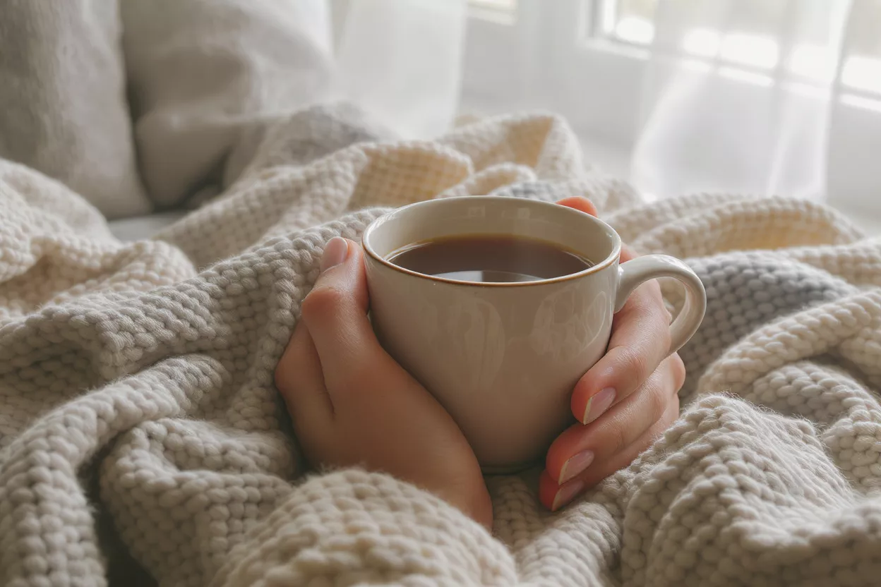 Manos sosteniendo una taza de café caliente, acurrucadas en una manta de punto suave.