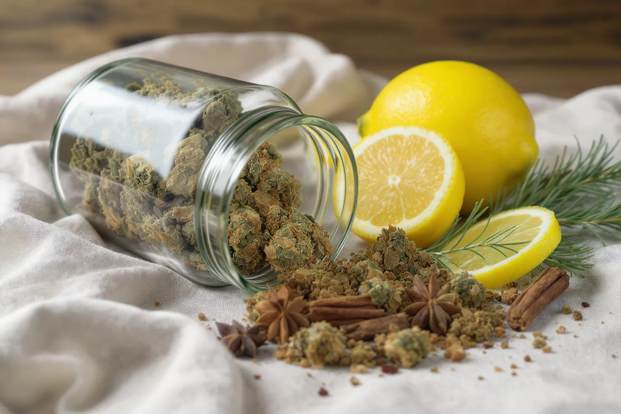 Cogollos de cannabis con limón y especias Cogollos de cannabis saliendo de un frasco con limones, anís estrellado, canela y romero.