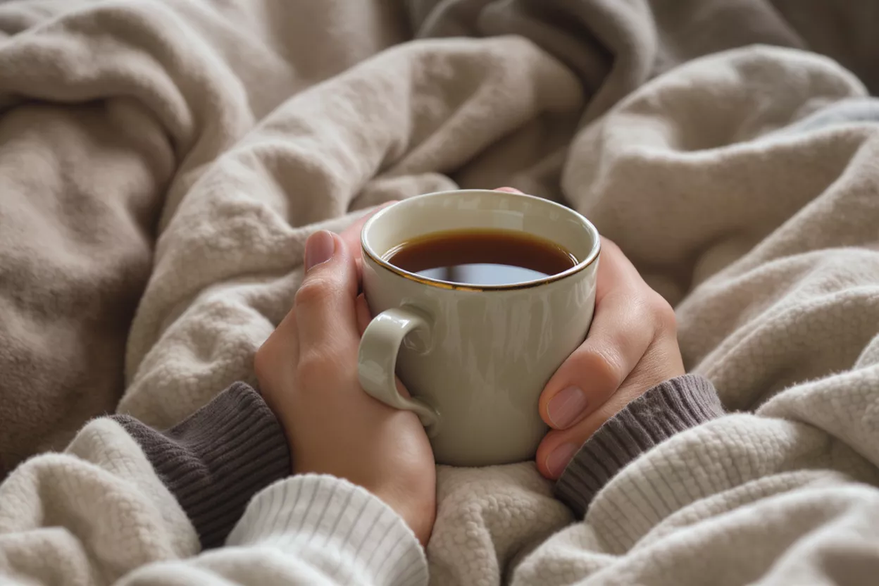 Hands holding a warm mug of coffee amidst soft, neutral-colored blankets.