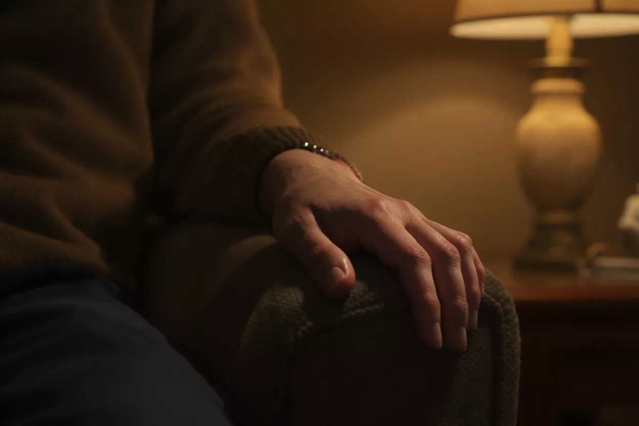 Gros plan de la main d'une personne reposant sur un accoudoir, avec une lampe en arrière-plan.