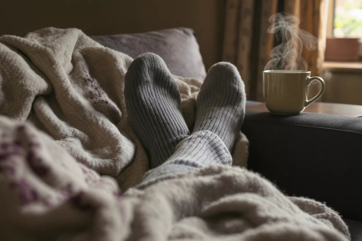 Feet in grey socks under a blanket with a steaming mug nearby.