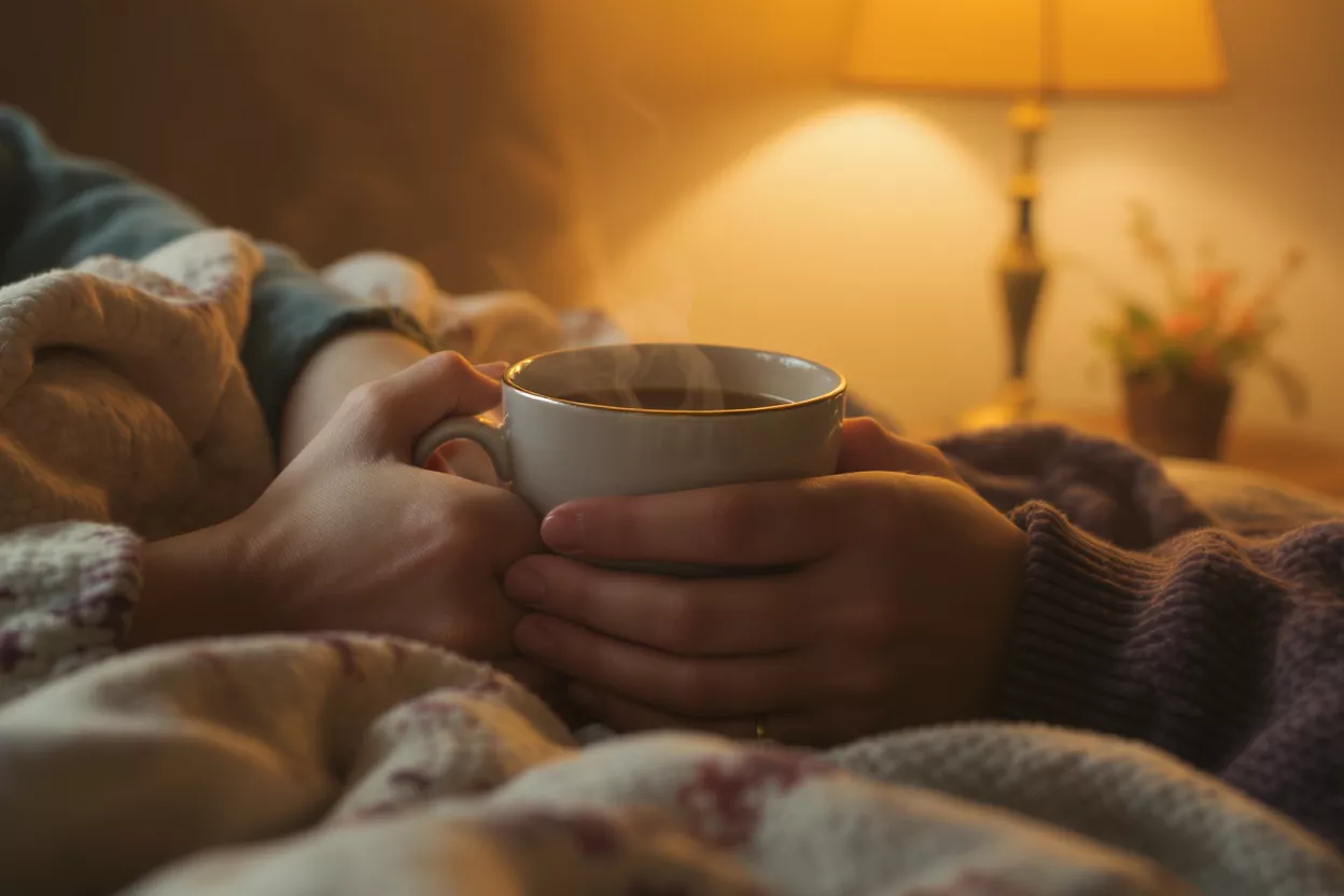 Hands holding a steaming mug of tea or coffee in a warm, cozy setting.