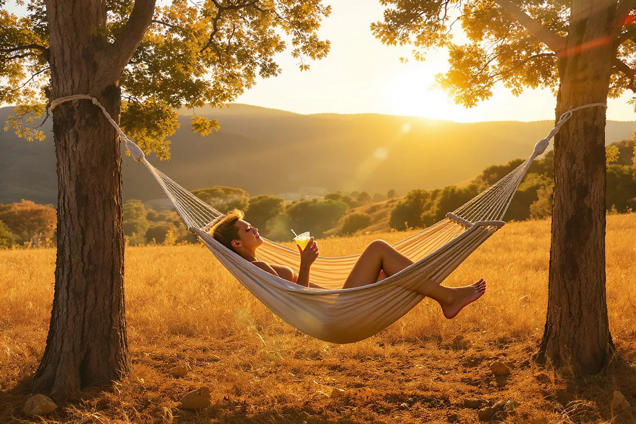 Woman in hammock, holding drink, enjoying sunset in a golden field.