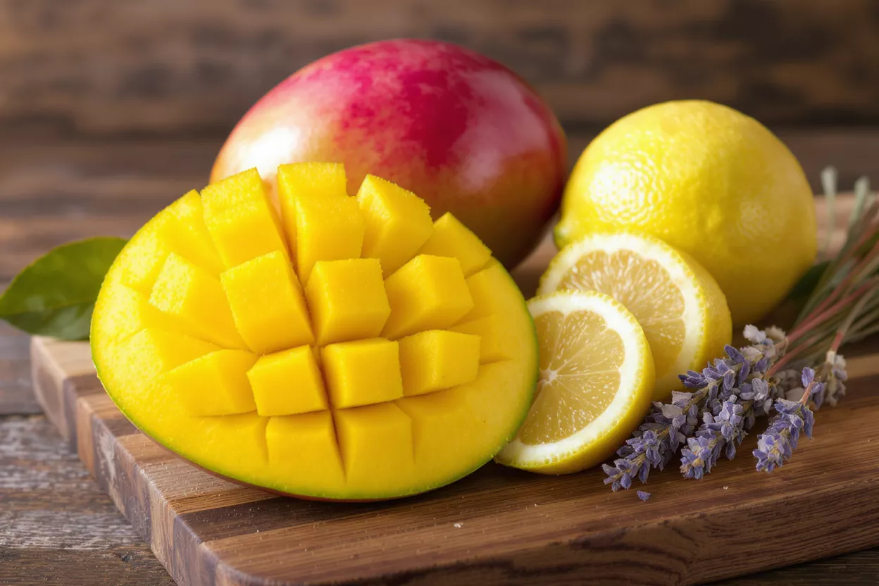 A vibrant arrangement of fresh mango, lemon slices, and lavender on a wooden board.