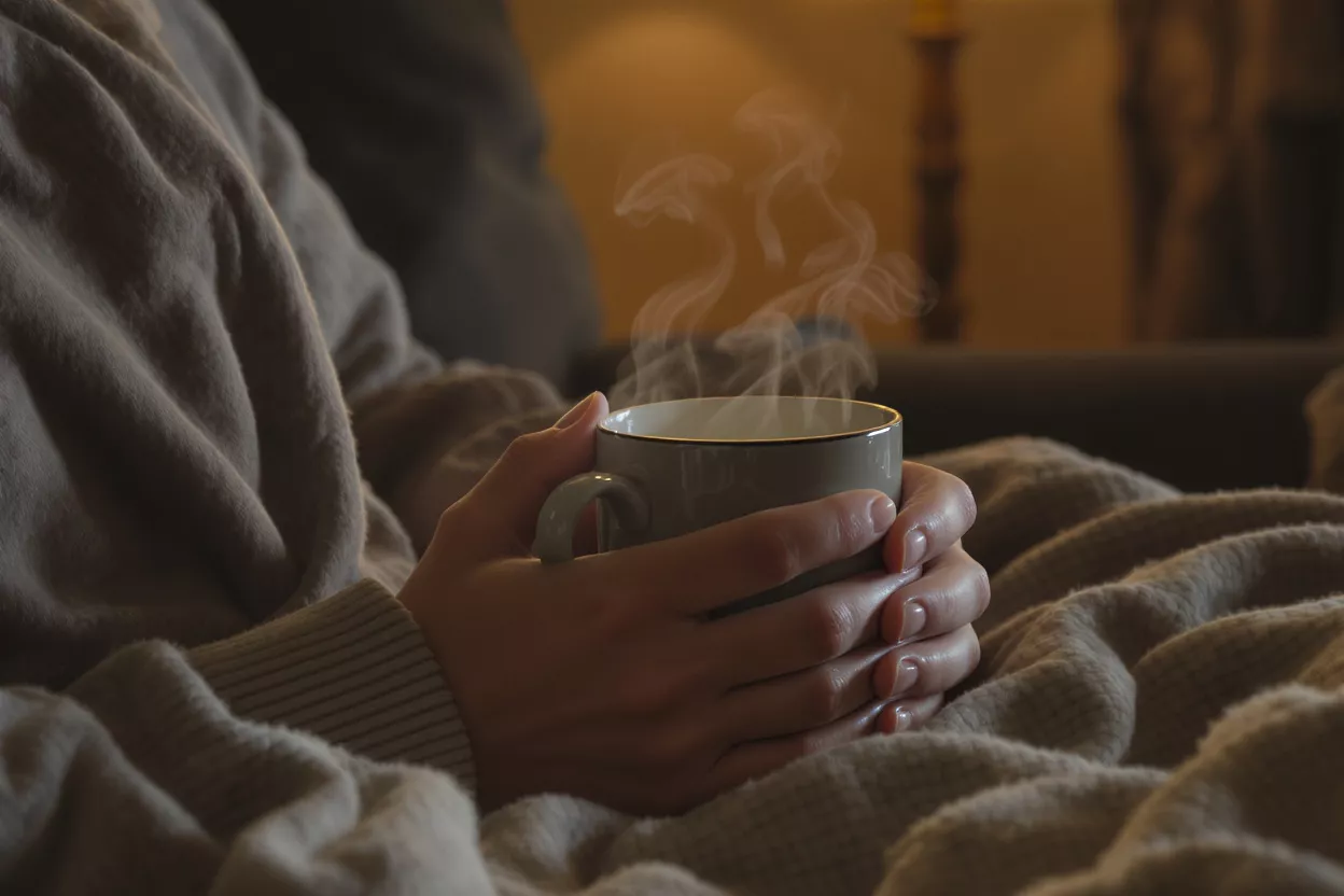 Hands holding a steaming mug while wrapped in a cozy blanket indoors.