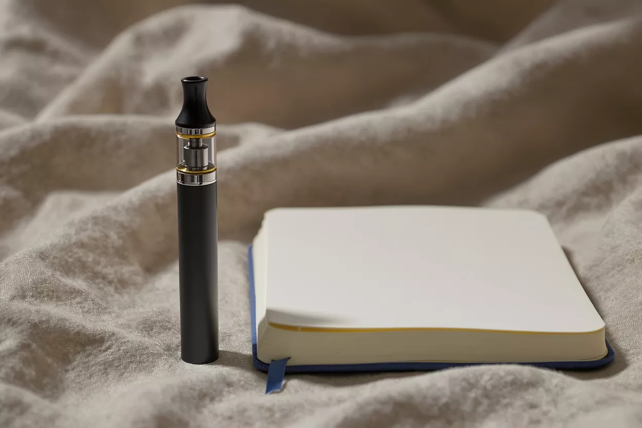 A black vape pen stands next to a closed notebook on a textured beige fabric.