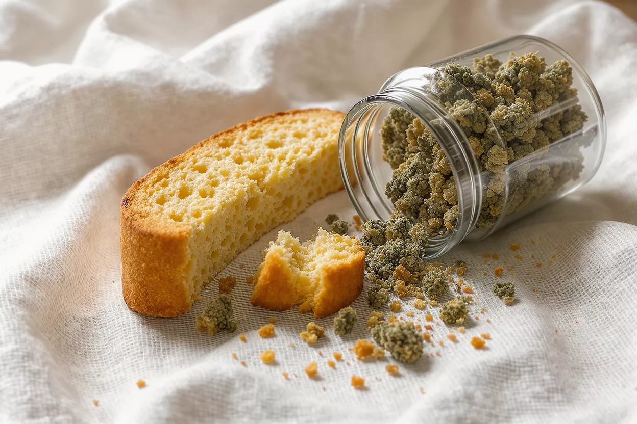 A slice of biscotti with pistachio crumble spilling from a jar on white fabric.