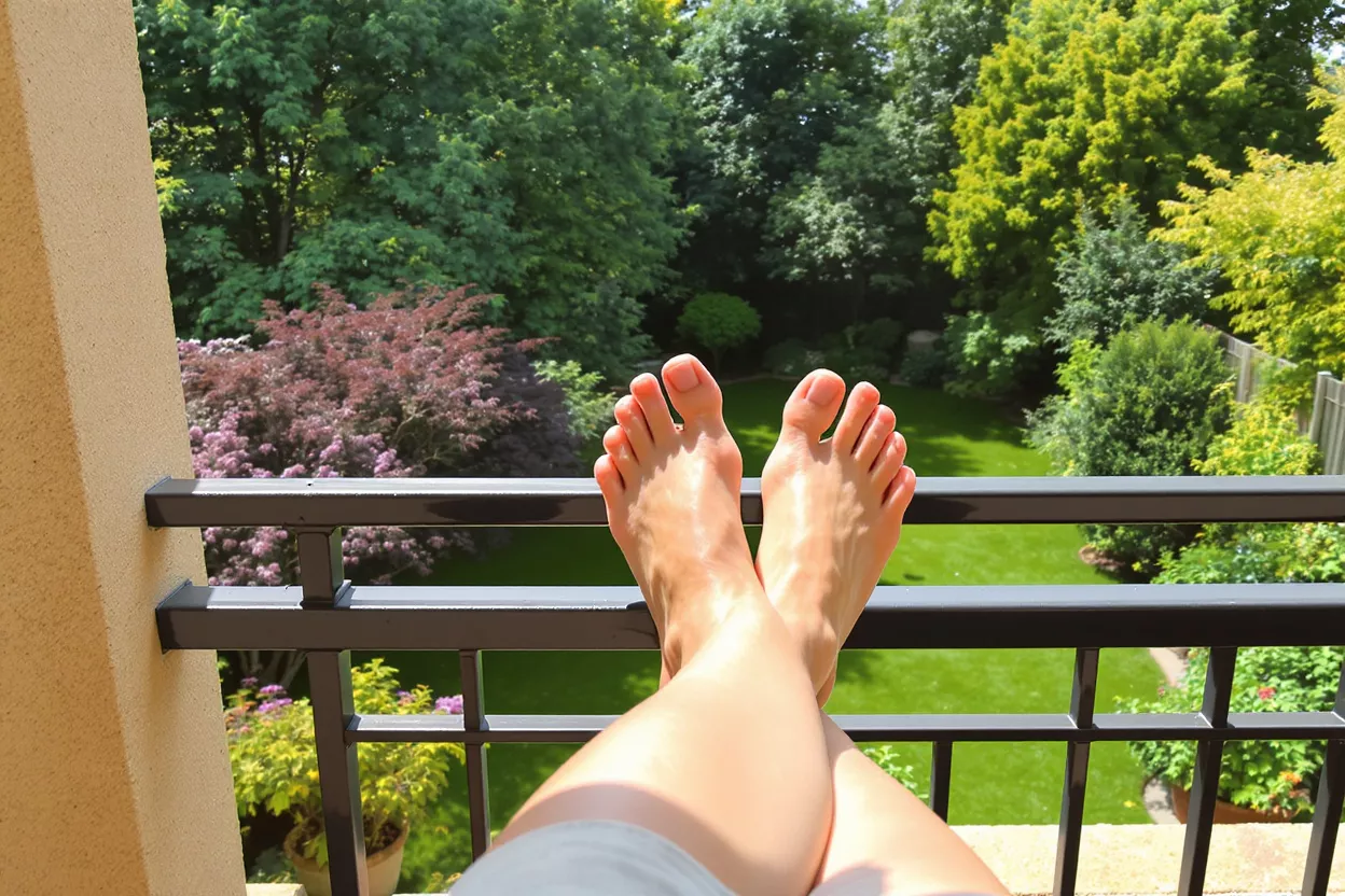 Los pies descalzos de una persona descansando en la barandilla de un balcón con vista a un jardín exuberante.