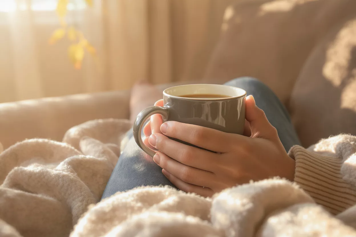 Hands holding a warm mug of coffee on a cozy blanket, bathed in sunlight.