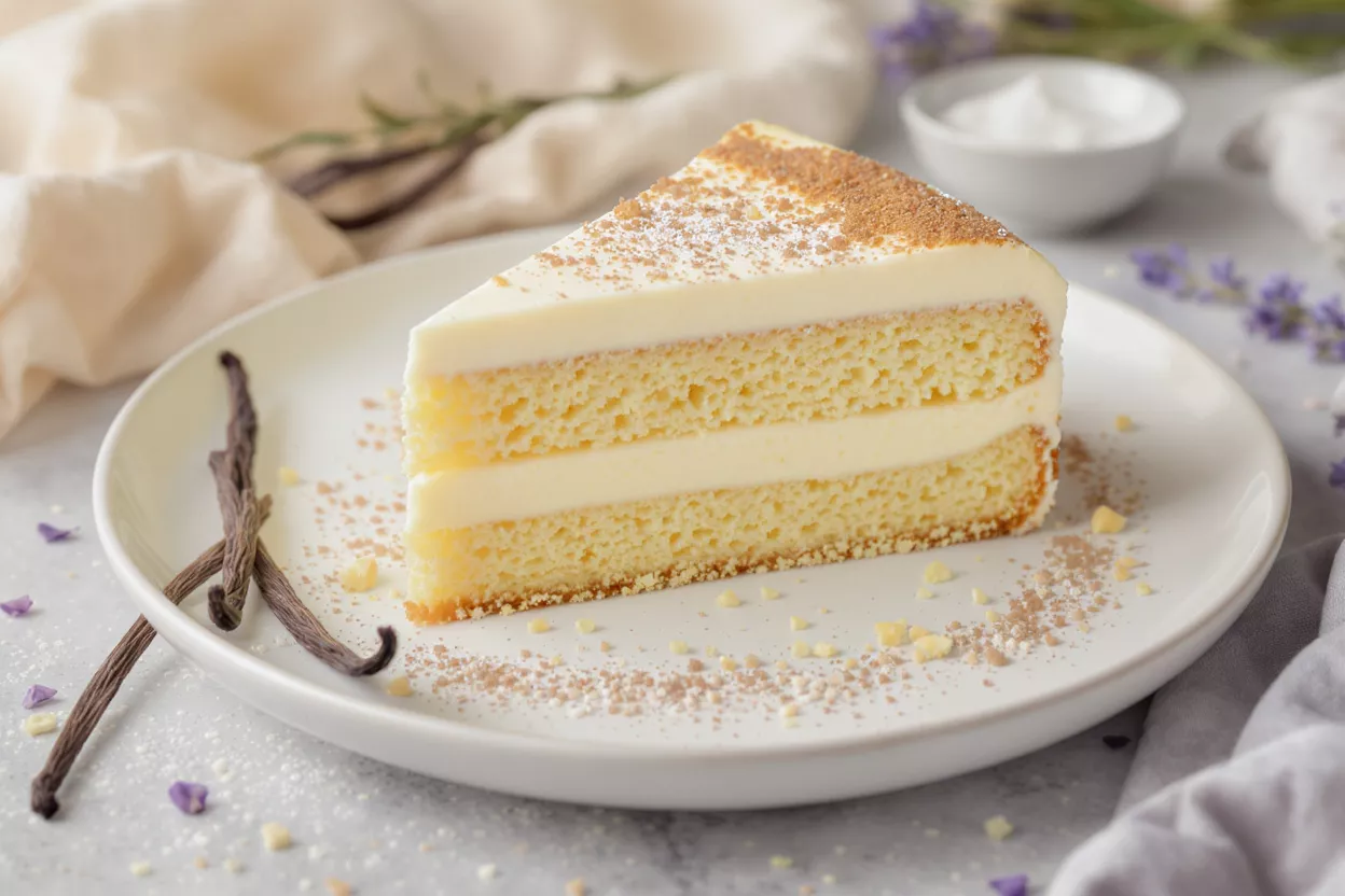 A slice of vanilla layer cake with creamy frosting and vanilla bean pods.