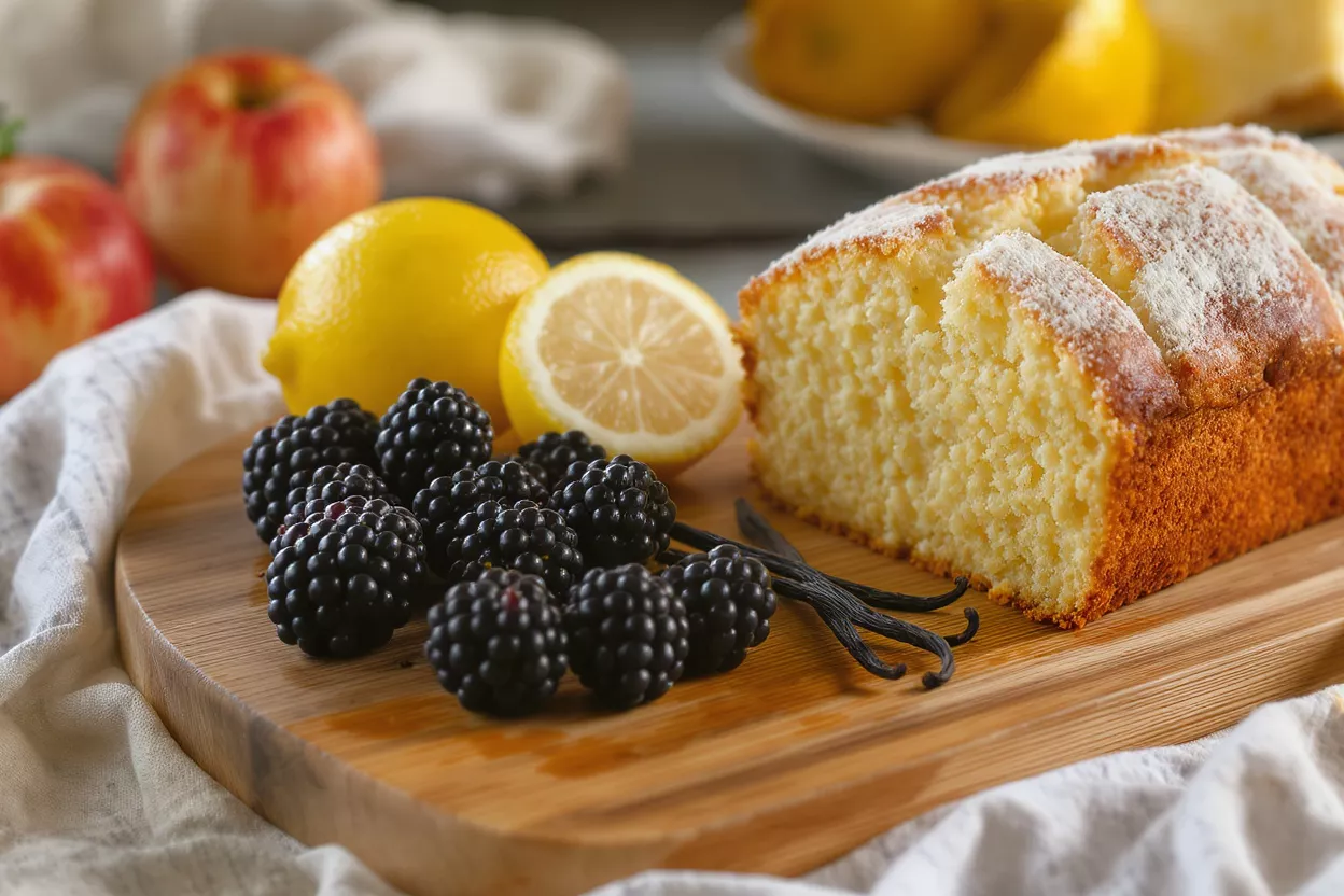 Lemon loaf cake, blackberries, lemons, vanilla beans on a wooden board.