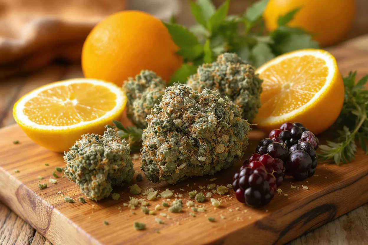 Bourgeons de cannabis, tranches d'oranges et baies disposés sur une planche à découper en bois.