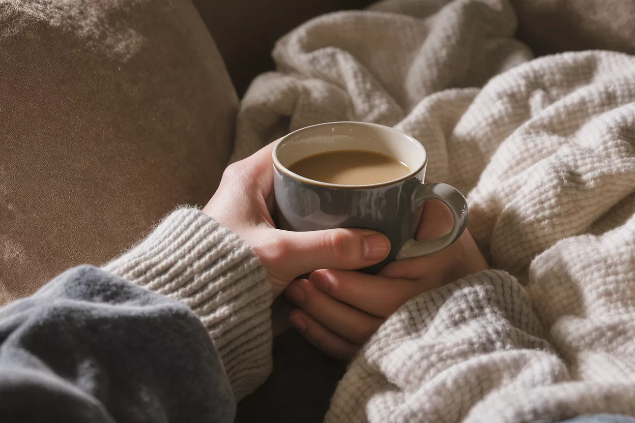 Hands holding a coffee mug, surrounded by a warm, textured blanket.