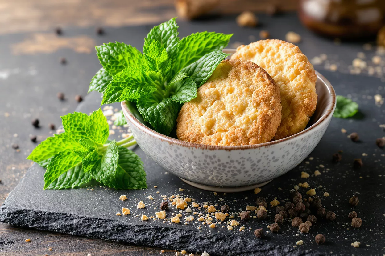 Galletas y Menta Fresca Dos galletas doradas y menta fresca en un cuenco sobre una superficie de pizarra oscura.