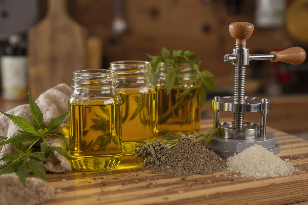 Three jars of hemp oil, hemp leaves, ground herbs, and a press on a wooden board.