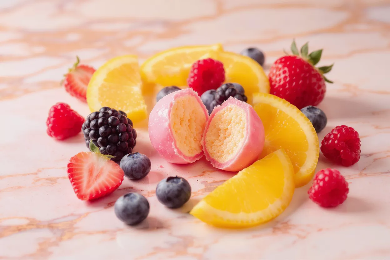 Pink truffle split open, surrounded by fresh berries and orange slices on marble.