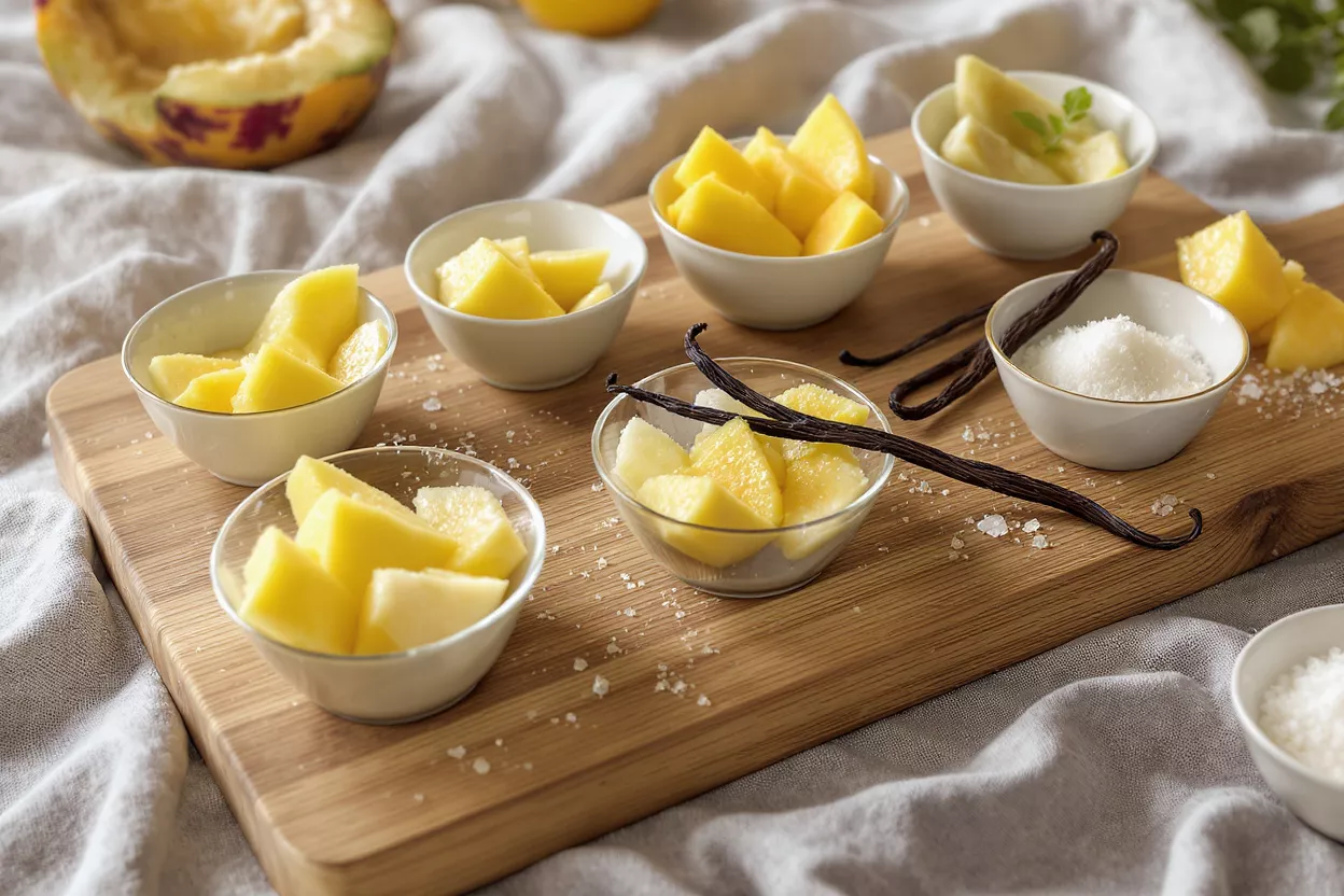 Small bowls of diced mango, vanilla beans, and salt on a wooden board.