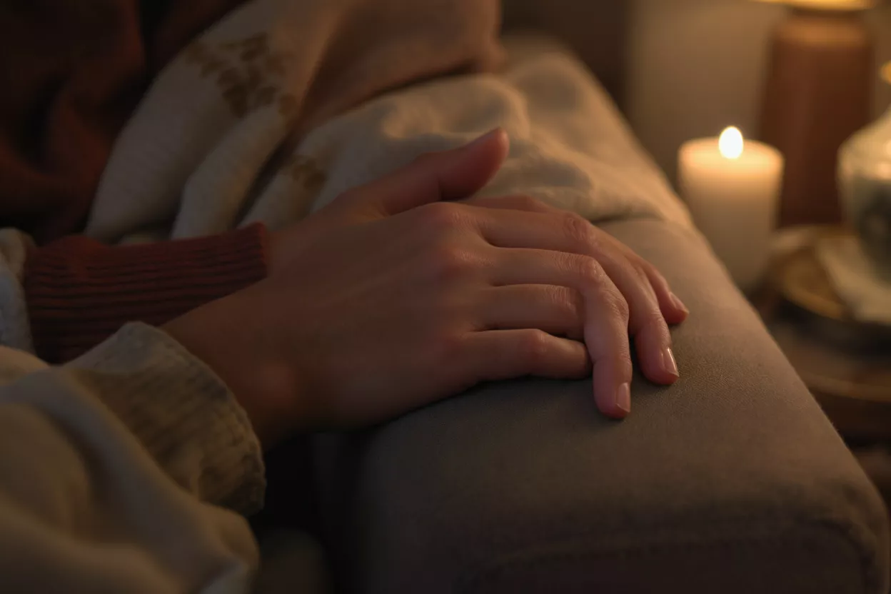 Primer plano de manos descansando sobre un regazo a la suave luz de una vela, creando un ambiente cálido.