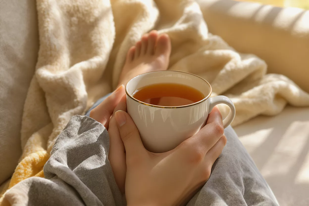 Hands holding a warm cup of tea with bare feet and a blanket.