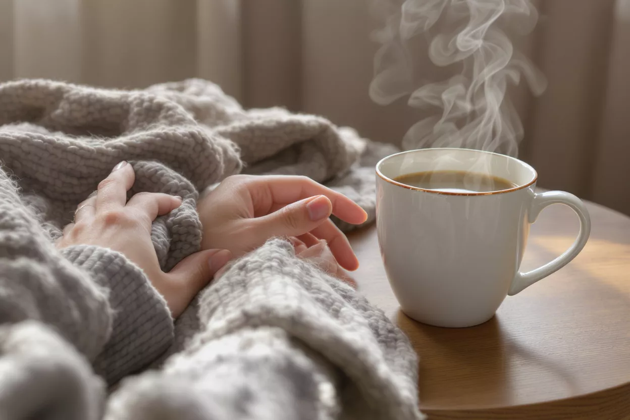 Hands wrapped in a blanket next to a steaming cup of coffee.