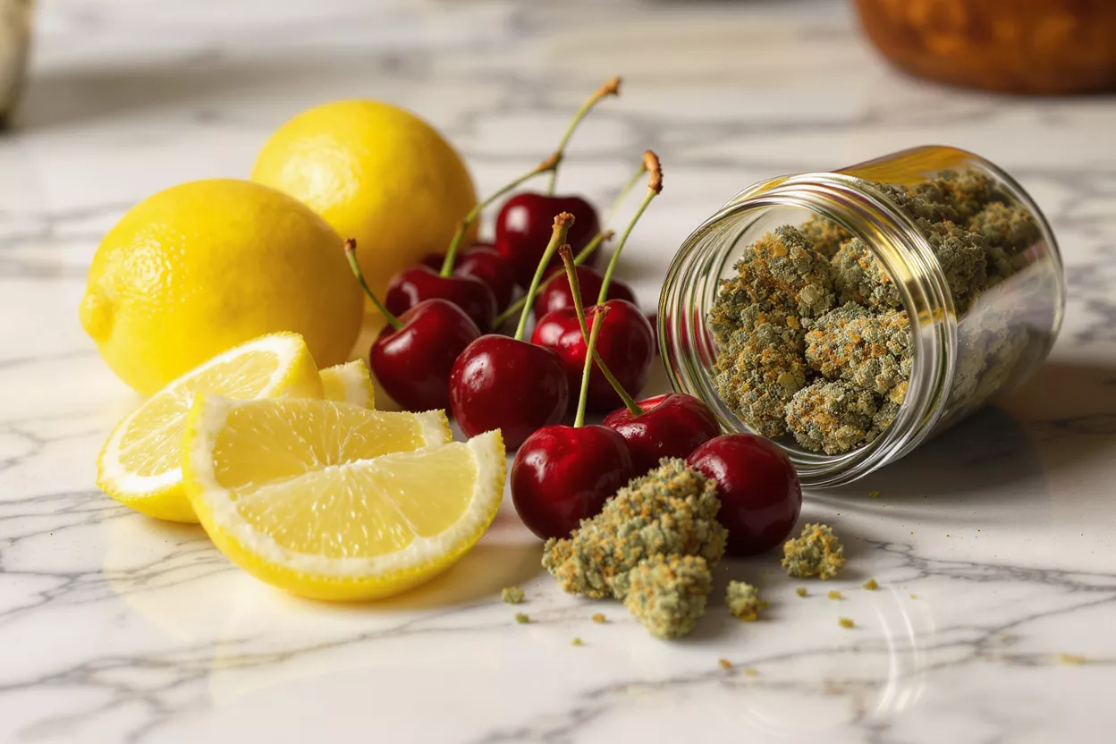Cannabis buds, whole lemons, lemon slices, and fresh cherries on a marble surface.