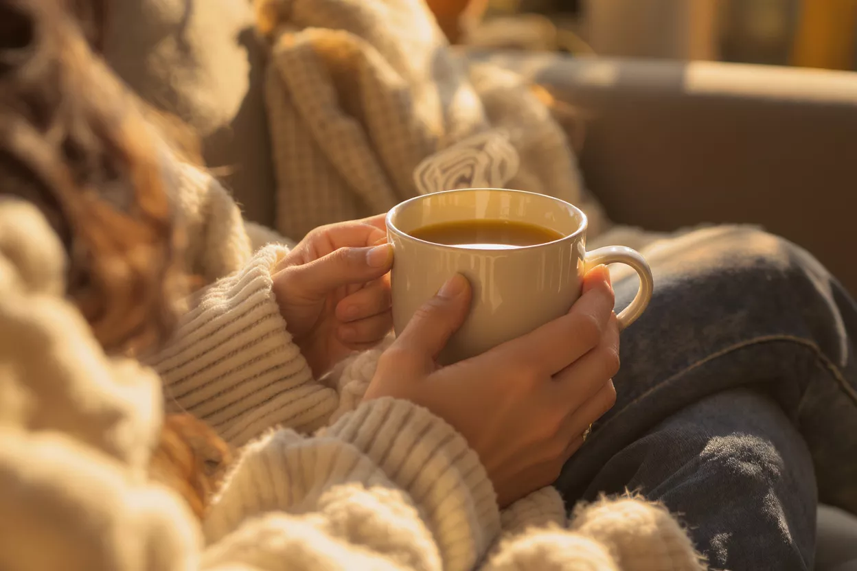 Person in a warm sweater holding a steaming mug of coffee.