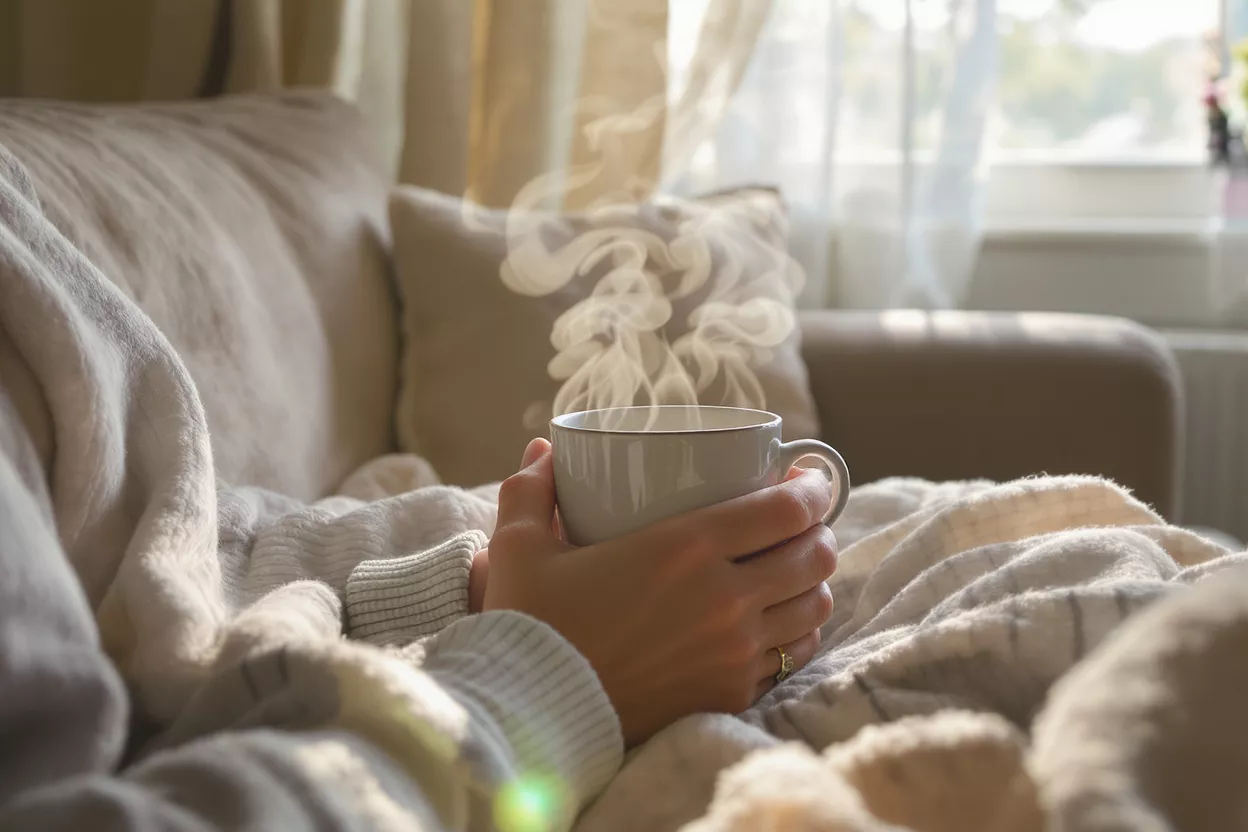 Hands holding a steaming mug, wrapped in a blanket on a couch.