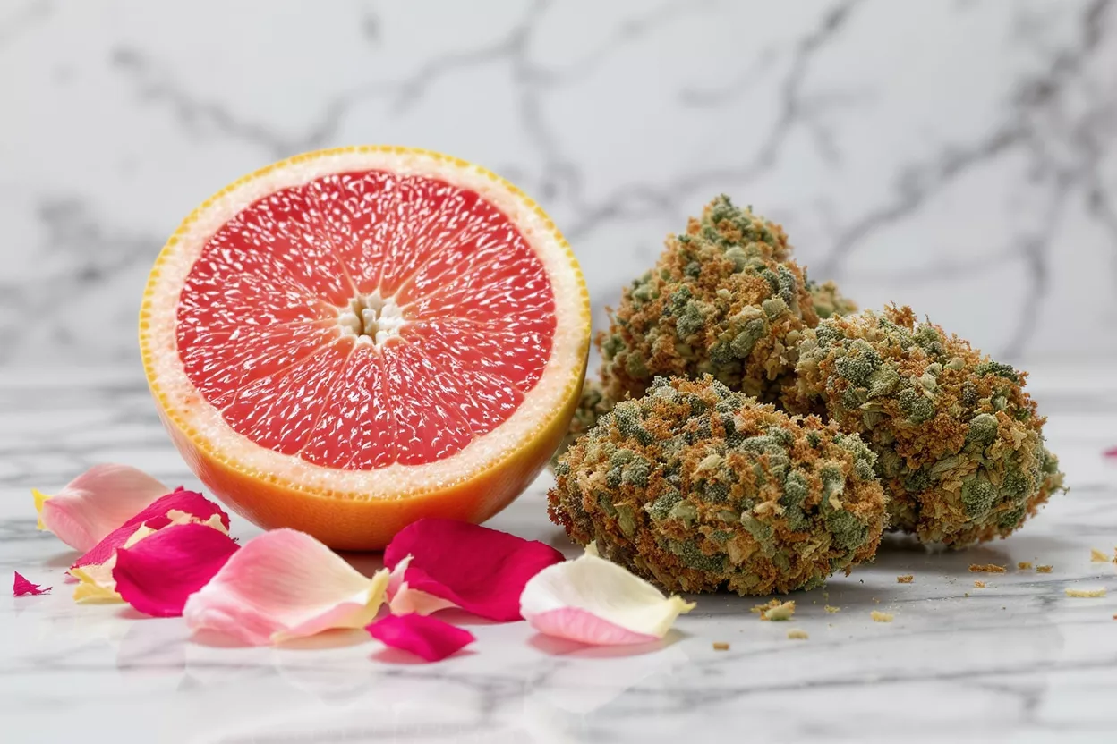 Half grapefruit, cannabis buds, and rose petals on a white marble surface.