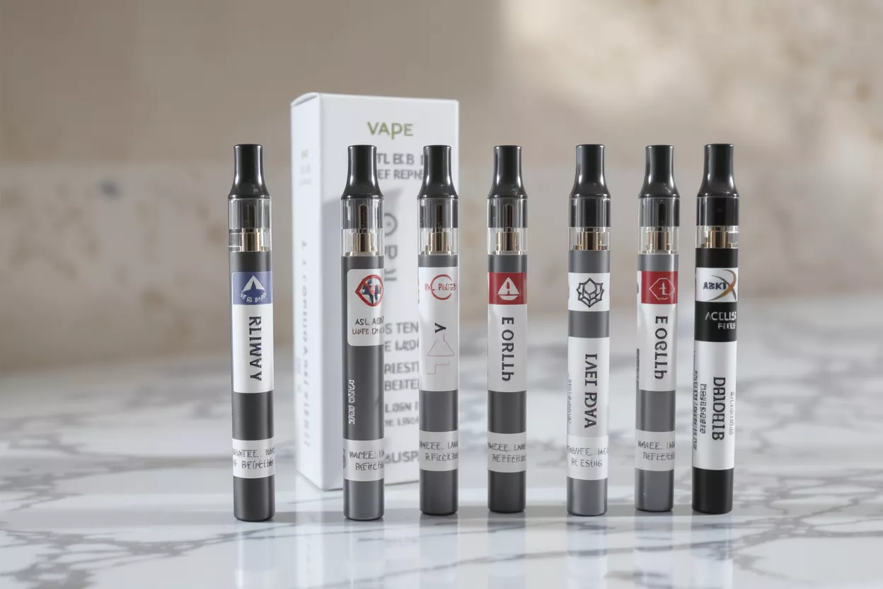 Seven vape pens in various colors with a white vape product box.