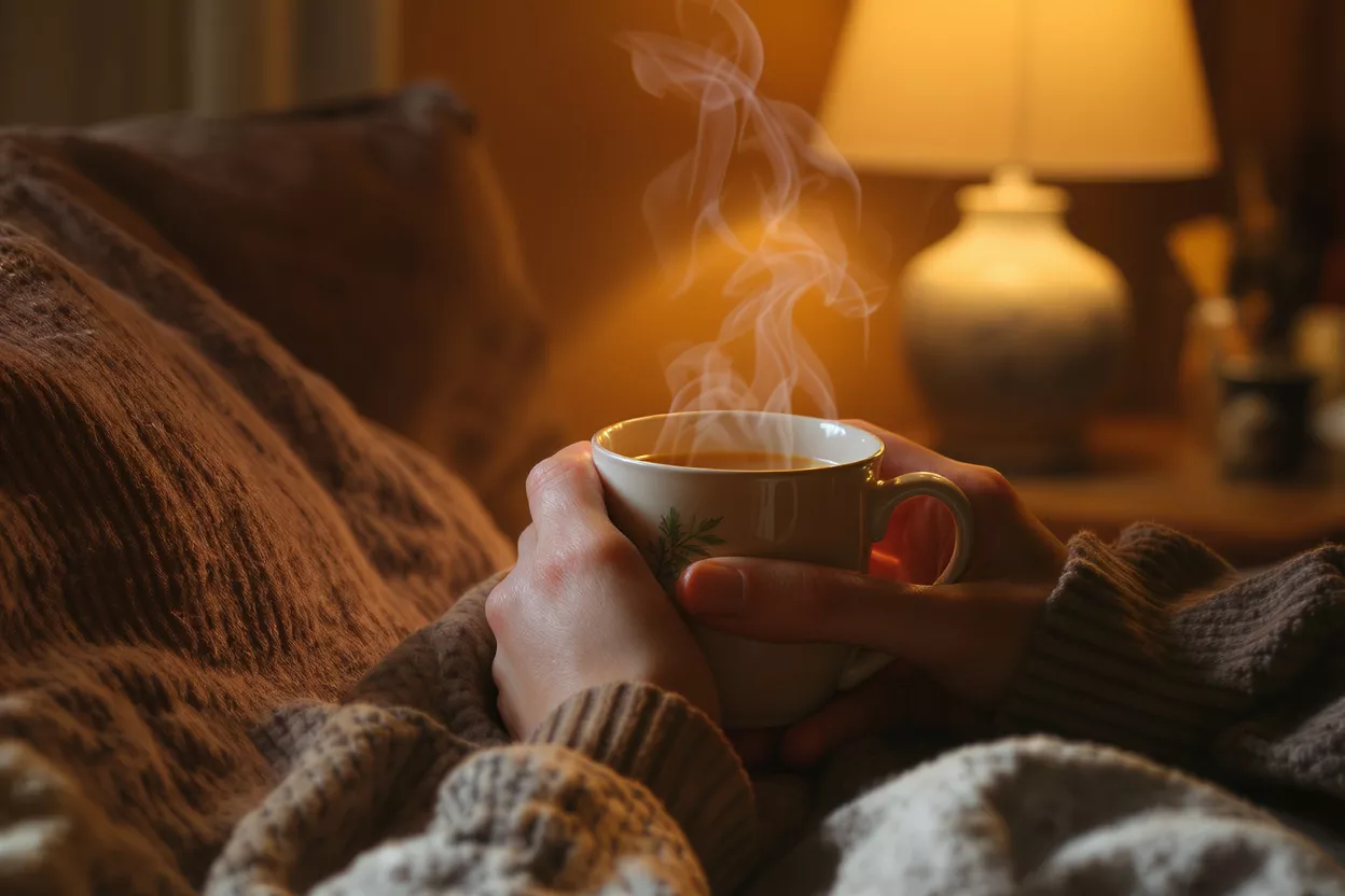 Hands holding a steaming mug in a warm, dimly lit room with a lamp.