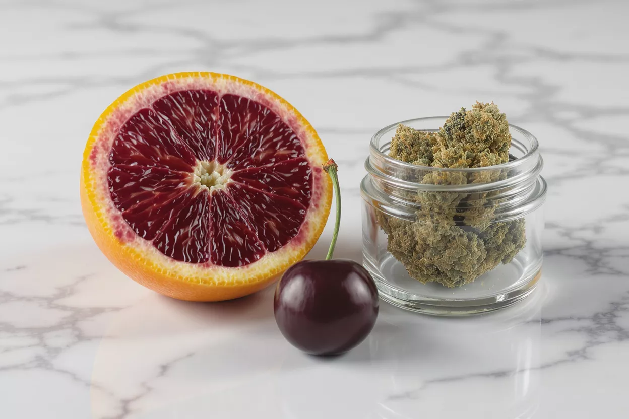 Yemas de cannabis en frasco, media naranja sanguina y una cereza sobre una superficie de mármol.