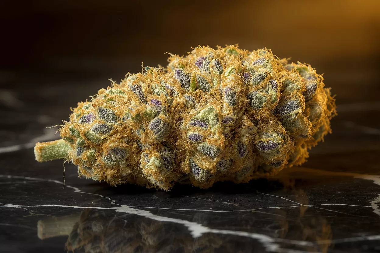 Close-up of a cannabis bud with orange hairs, green and purple hues, on a reflective black marble surface.