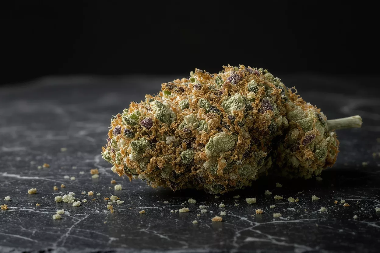 Gros plan d'un bouton de cannabis avec trichomes et pistils ambrés sur une surface sombre.