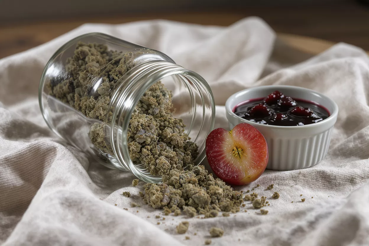 Granola derramándose de un frasco, con una mitad de fresa y mermelada de frutos rojos.