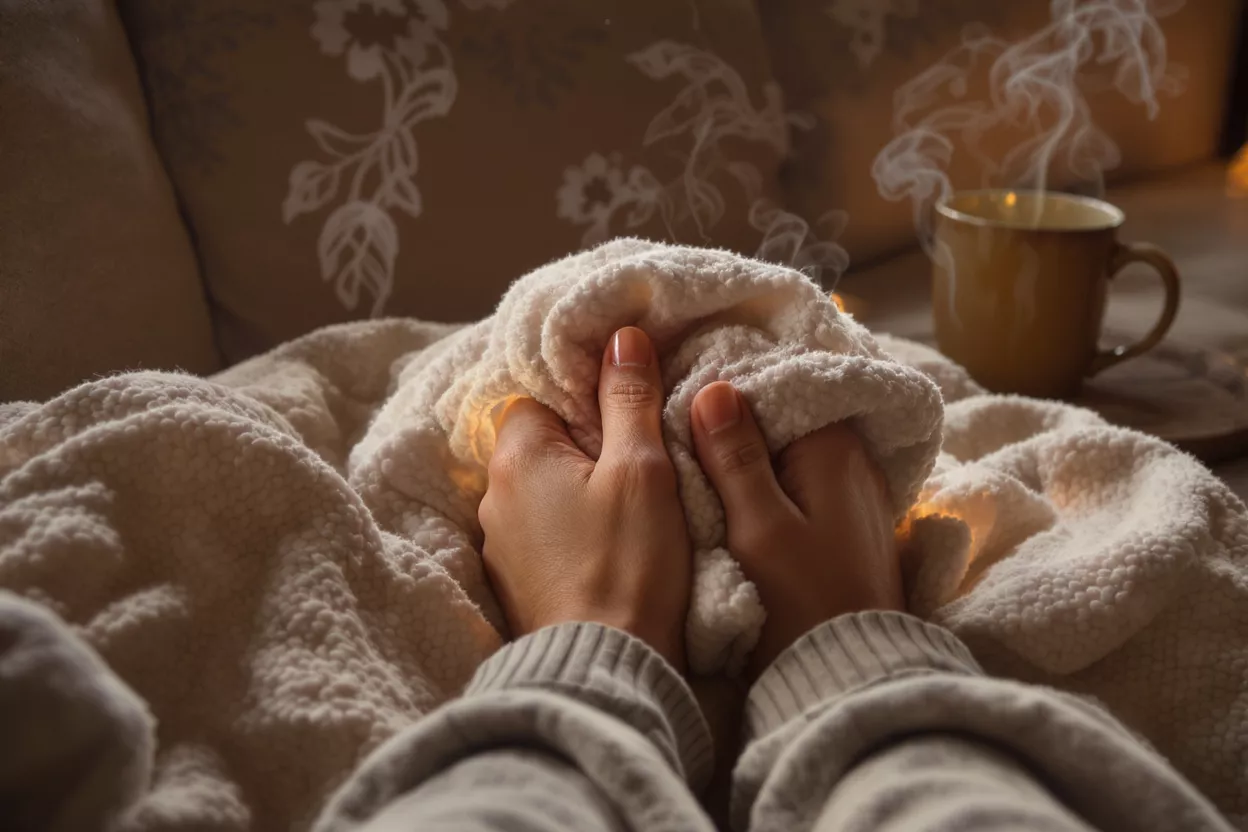Hands holding a warm blanket with a steaming mug in the background.