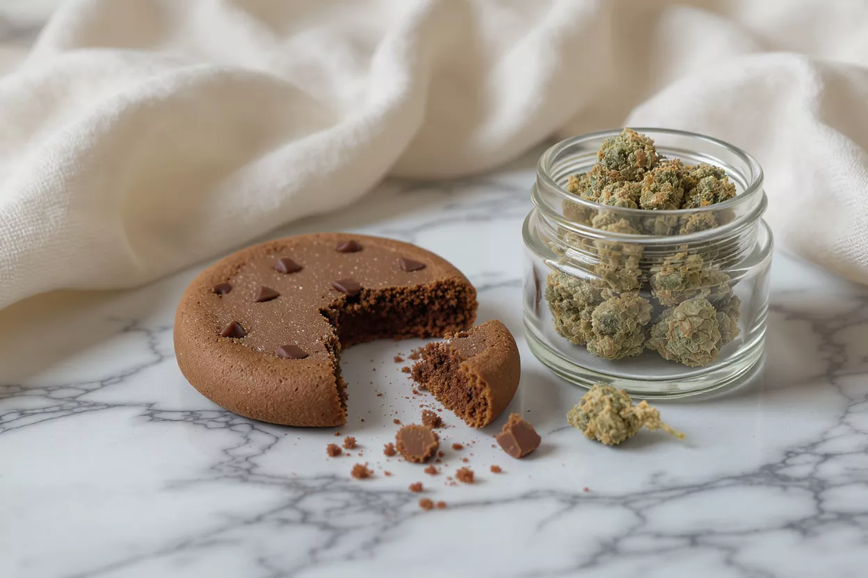 Chocolate cookie with a bite taken out, next to a jar of cannabis buds.