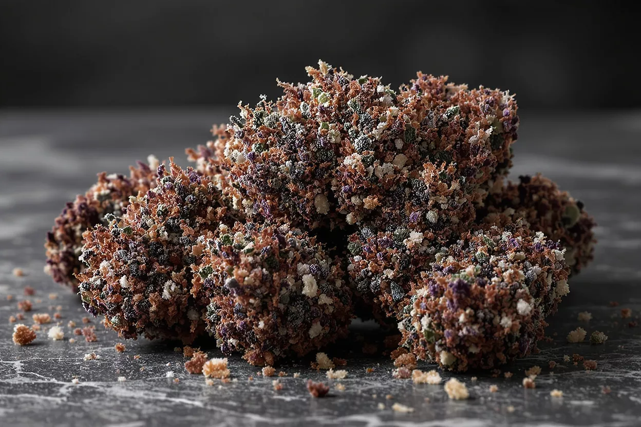 Close-up of colorful sugar-coated nuggets on a dark, textured surface.