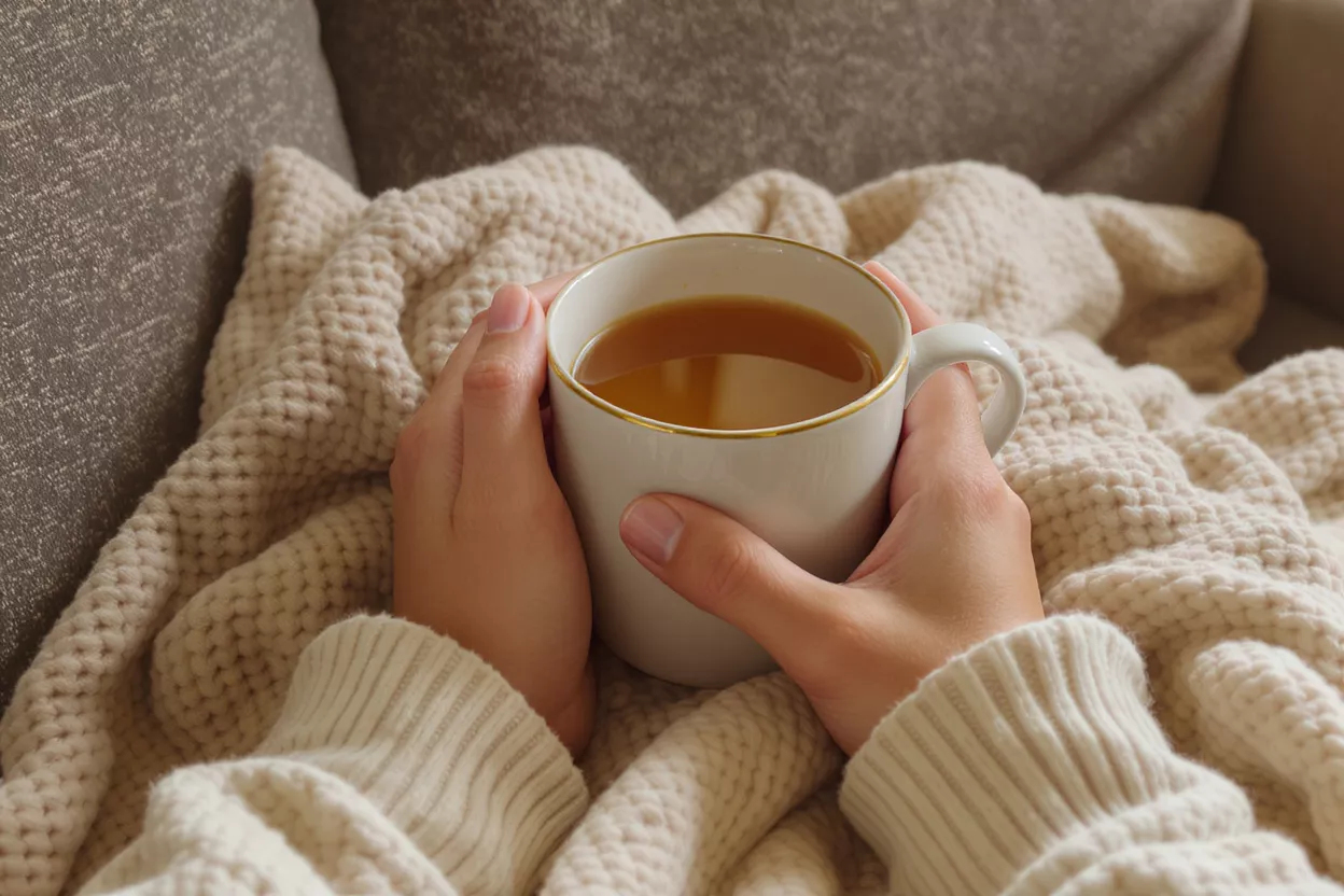Close-up of hands holding a warm drink in a white mug with a gold rim.