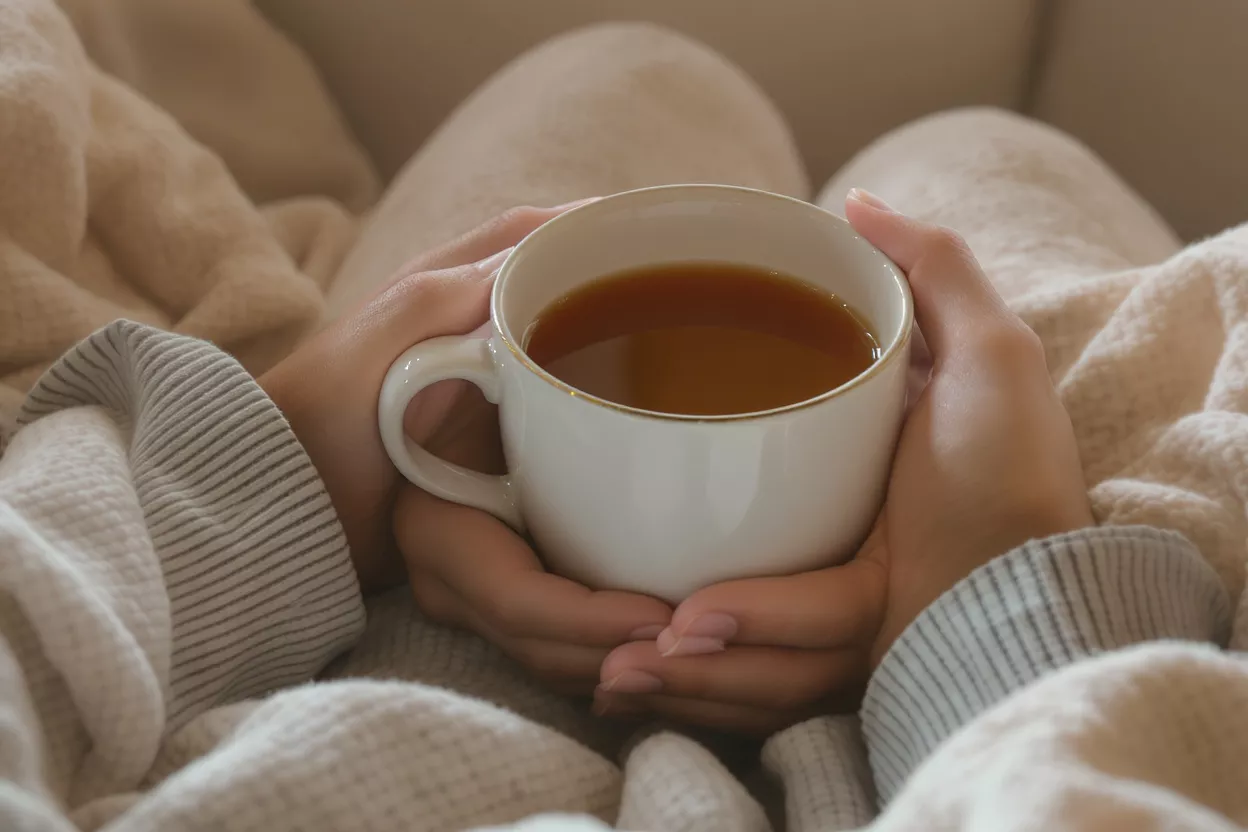 Close-up of hands holding a white mug of tea, surrounded by blankets.