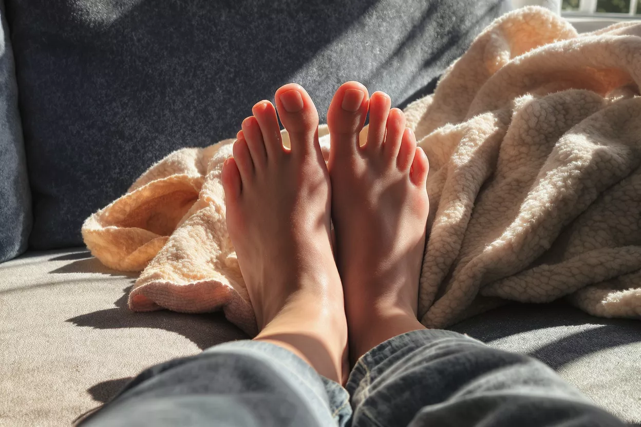 Bare feet resting on a couch with a blanket, illuminated by warm sunlight.