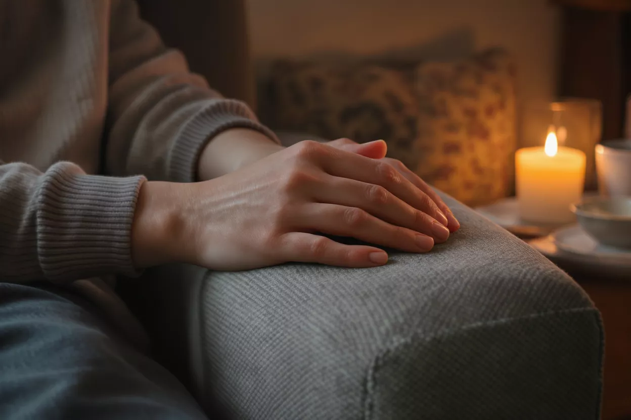 Person's hands resting on an armchair with a lit candle in the background.