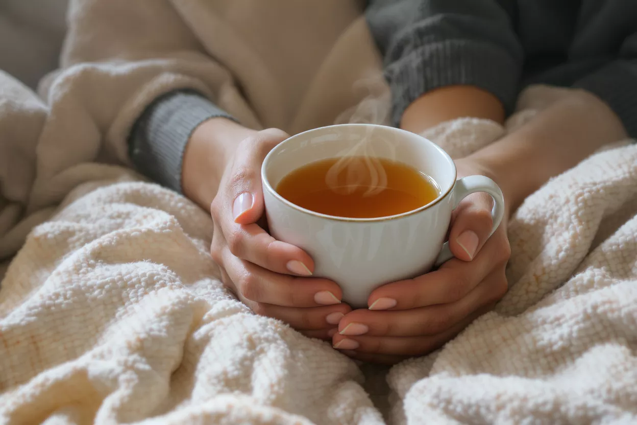 Hands holding a steaming cup of tea, nestled in a warm blanket.