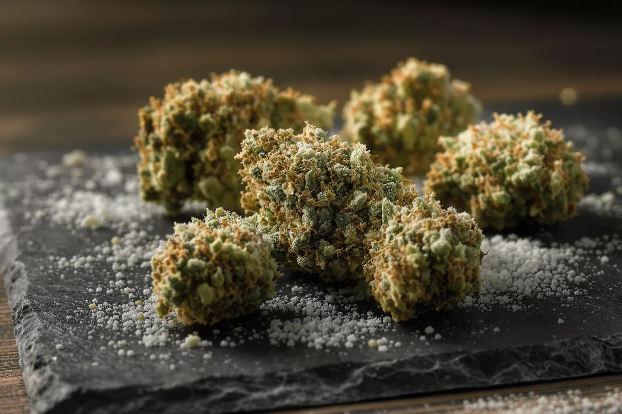 Close-up of five cannabis buds covered in kief on a dark slate surface.