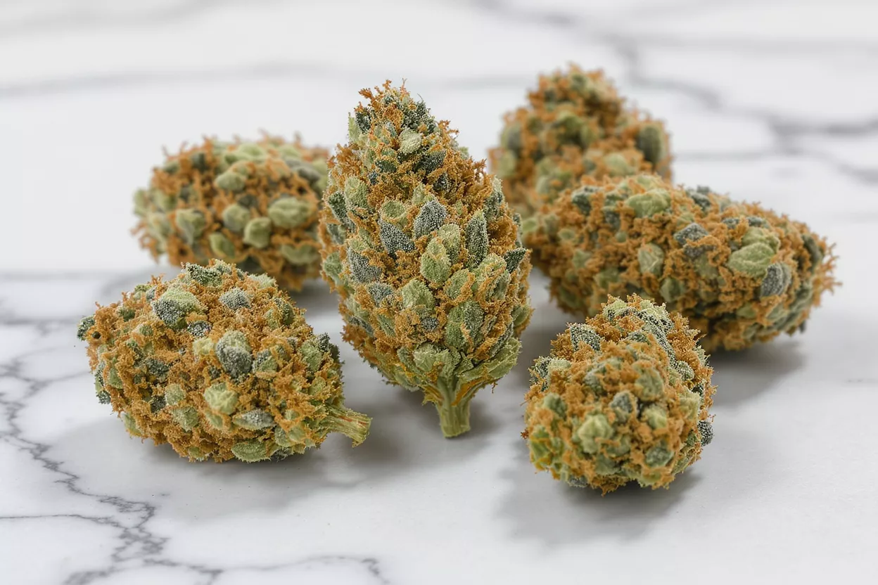 Close-up of several cannabis buds with orange hairs and green leaves on marble.